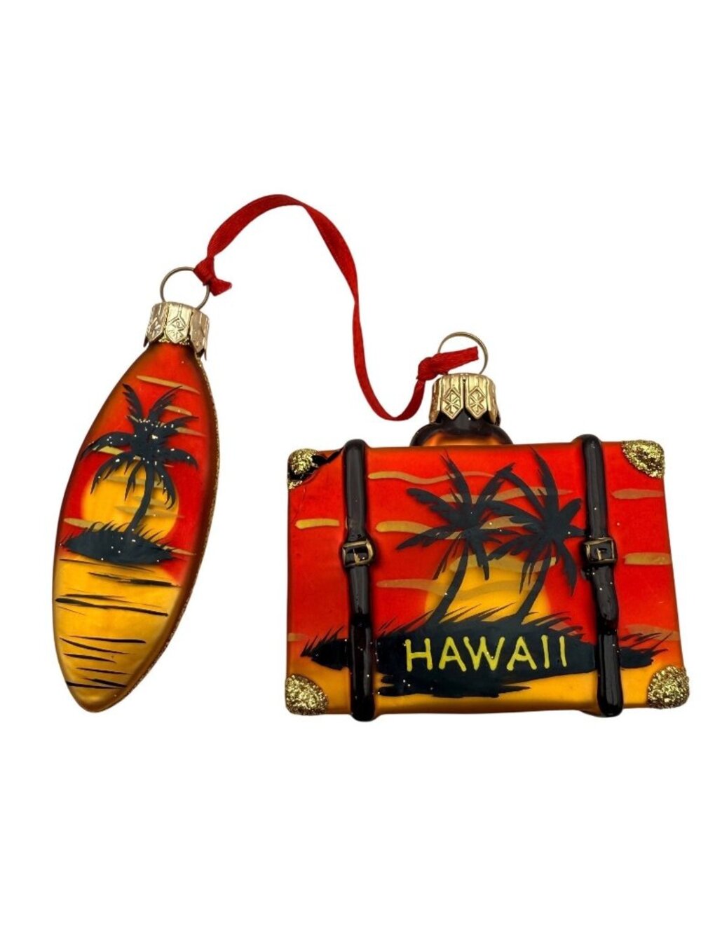 Nordstrom At Home Glass Christmas Ornaments Pair Hawaii Suitcase Surfboard Box